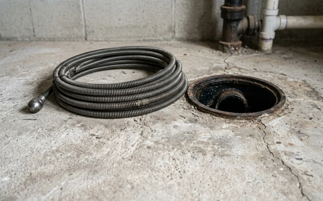 Drain auger cable coiled on concrete beside an open floor cleanout