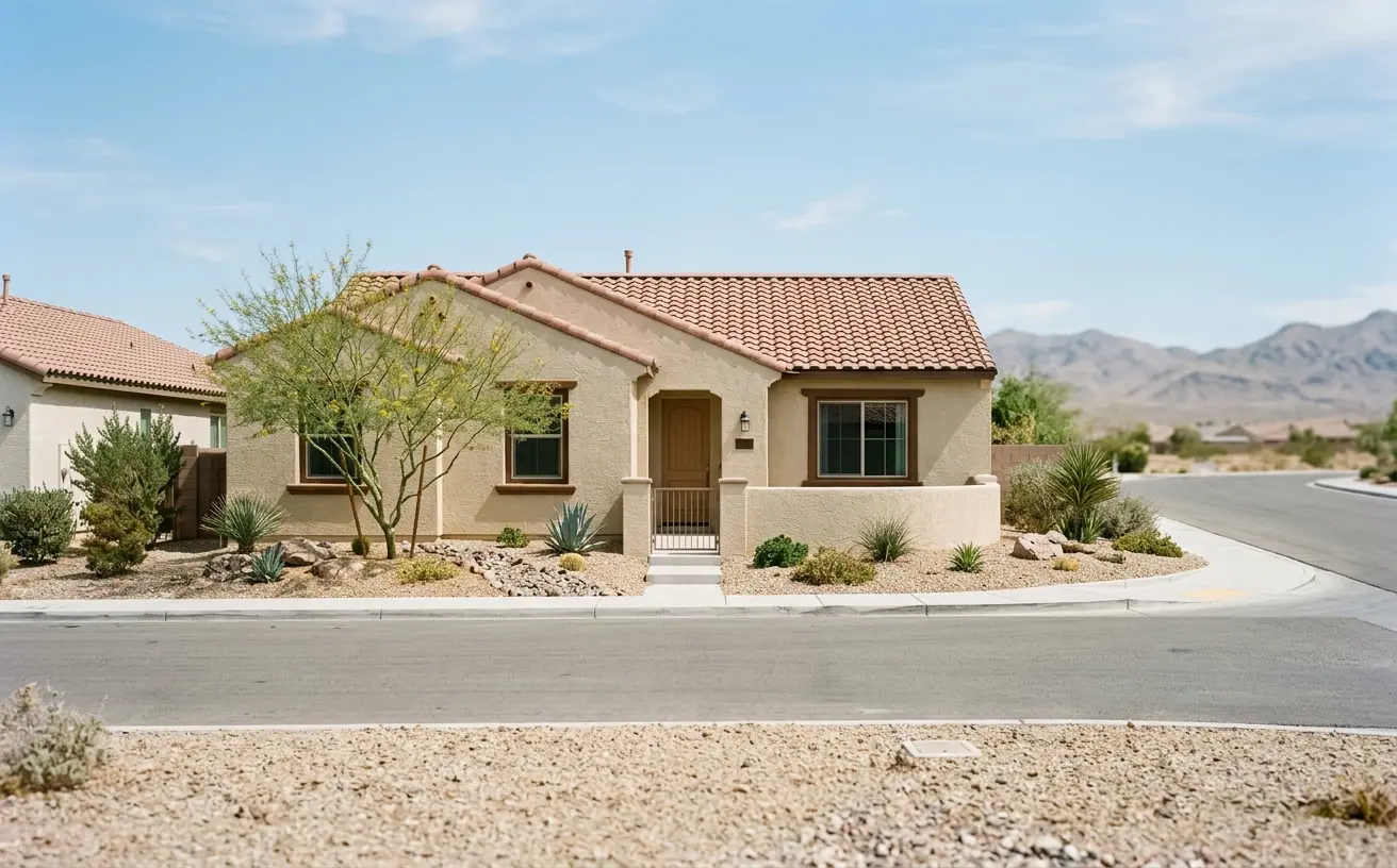 Single story stucco home with a tile roof and desert landscaping, typical of the Las Vegas Valley