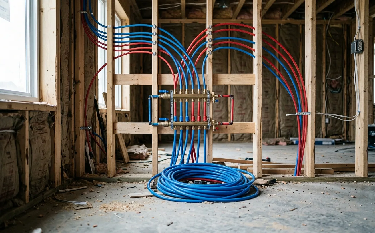 PEX manifold on a stud wall with red and blue supply lines running from it