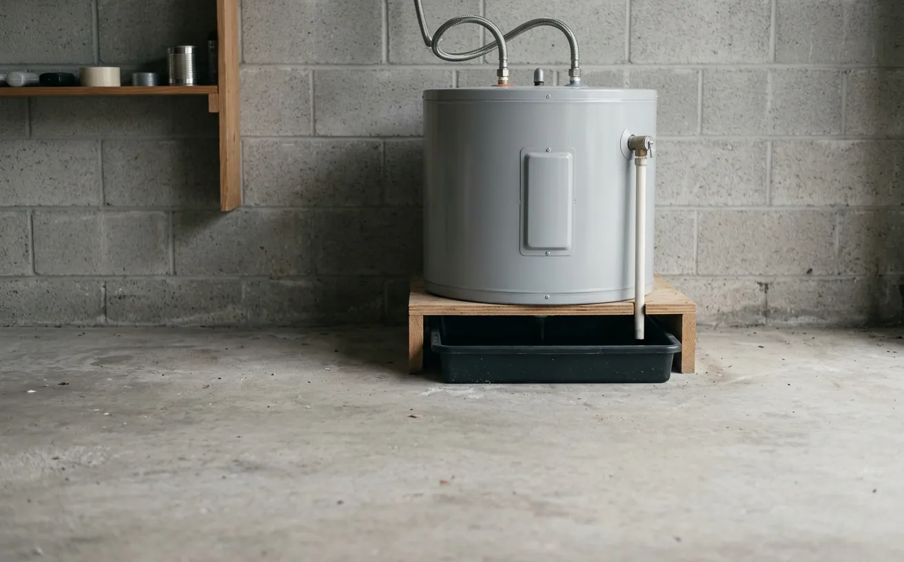 Standard tank water heater standing on a platform in a residential garage