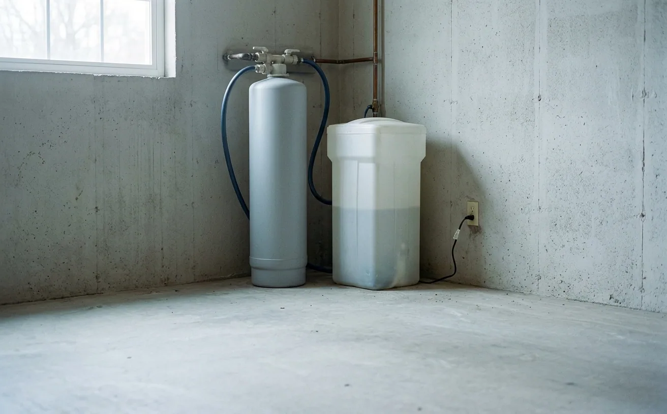 Whole home water softener resin tank and brine tank standing side by side in a garage