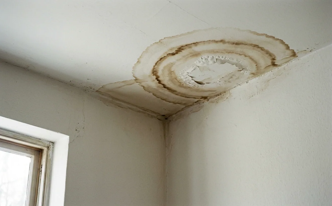 Brown water stain spreading across a painted ceiling below a leaking pipe