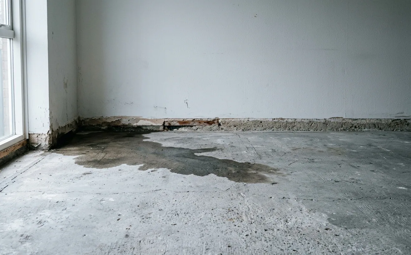Dark damp patch spreading across a bare concrete slab floor inside a room